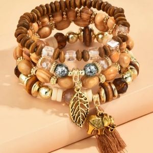 New 4 Piece Leaf Tassel Elephant Wood Beaded Bracelets